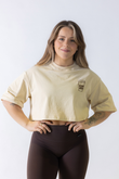 Justine cropped t-shirt for women, cotton-spandex blend with 3D puffed logo for gym and lifestyle.